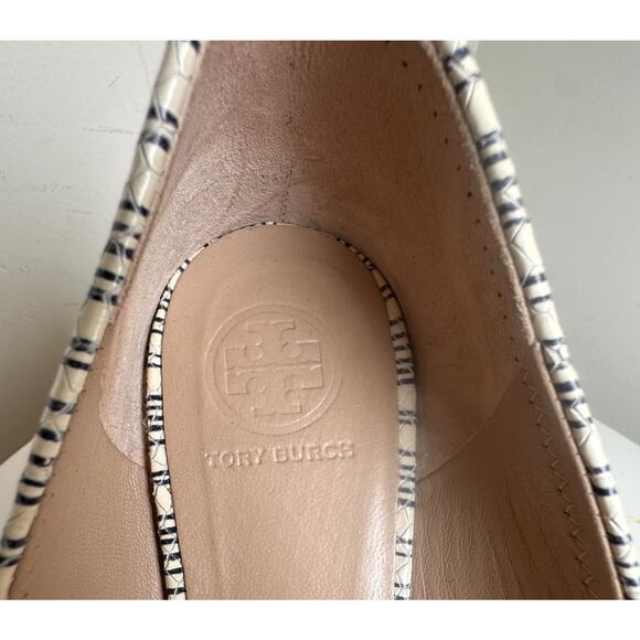Tory Burch White Blue Striped Snake Leather Gold Logo Reva Ballet Flats Sz 11 M - Picture 4 of 15